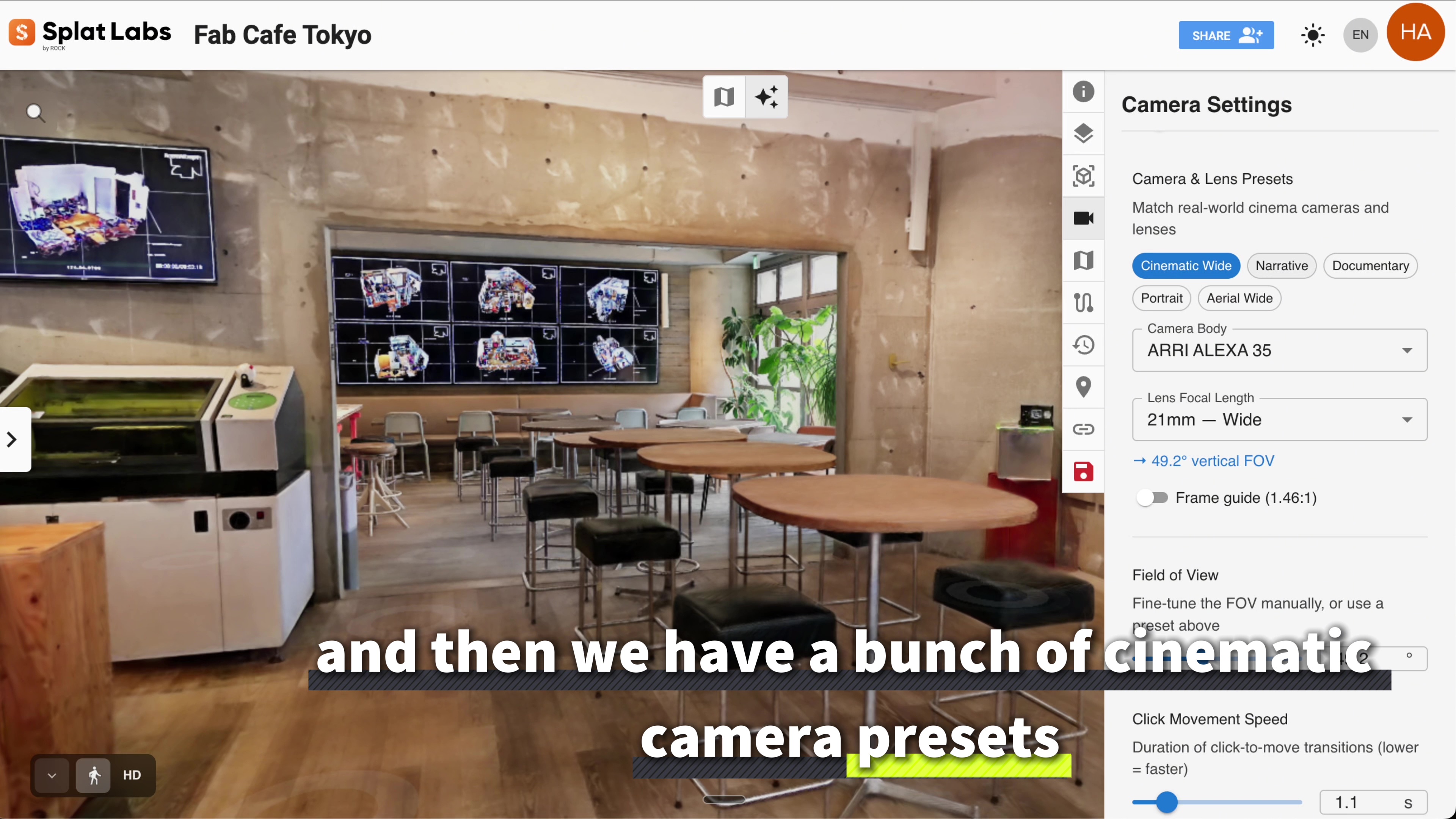 Camera and Lens Presets panel with cinema camera bodies and focal lengths