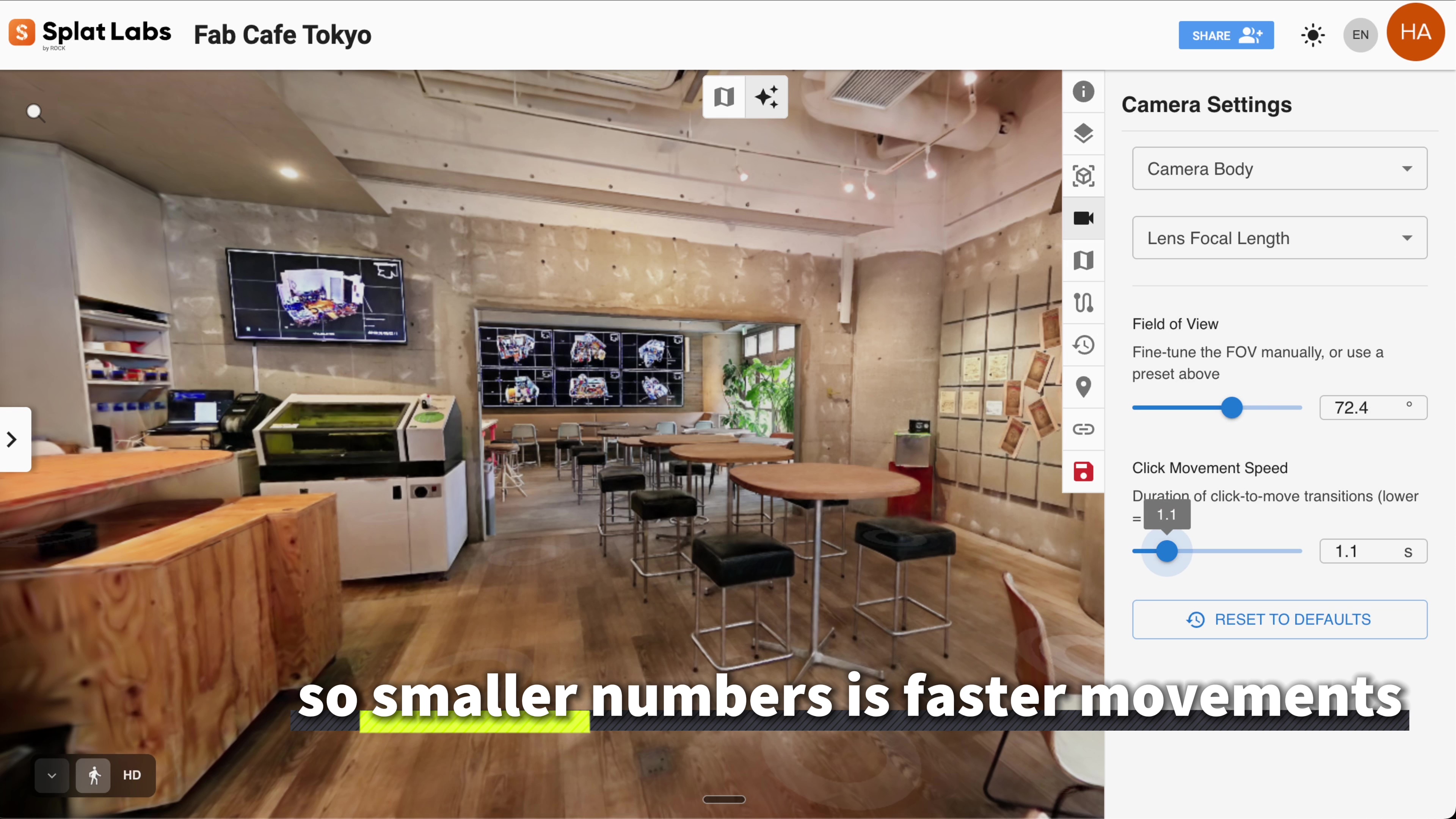 Click Movement Speed slider in the Camera Settings panel
