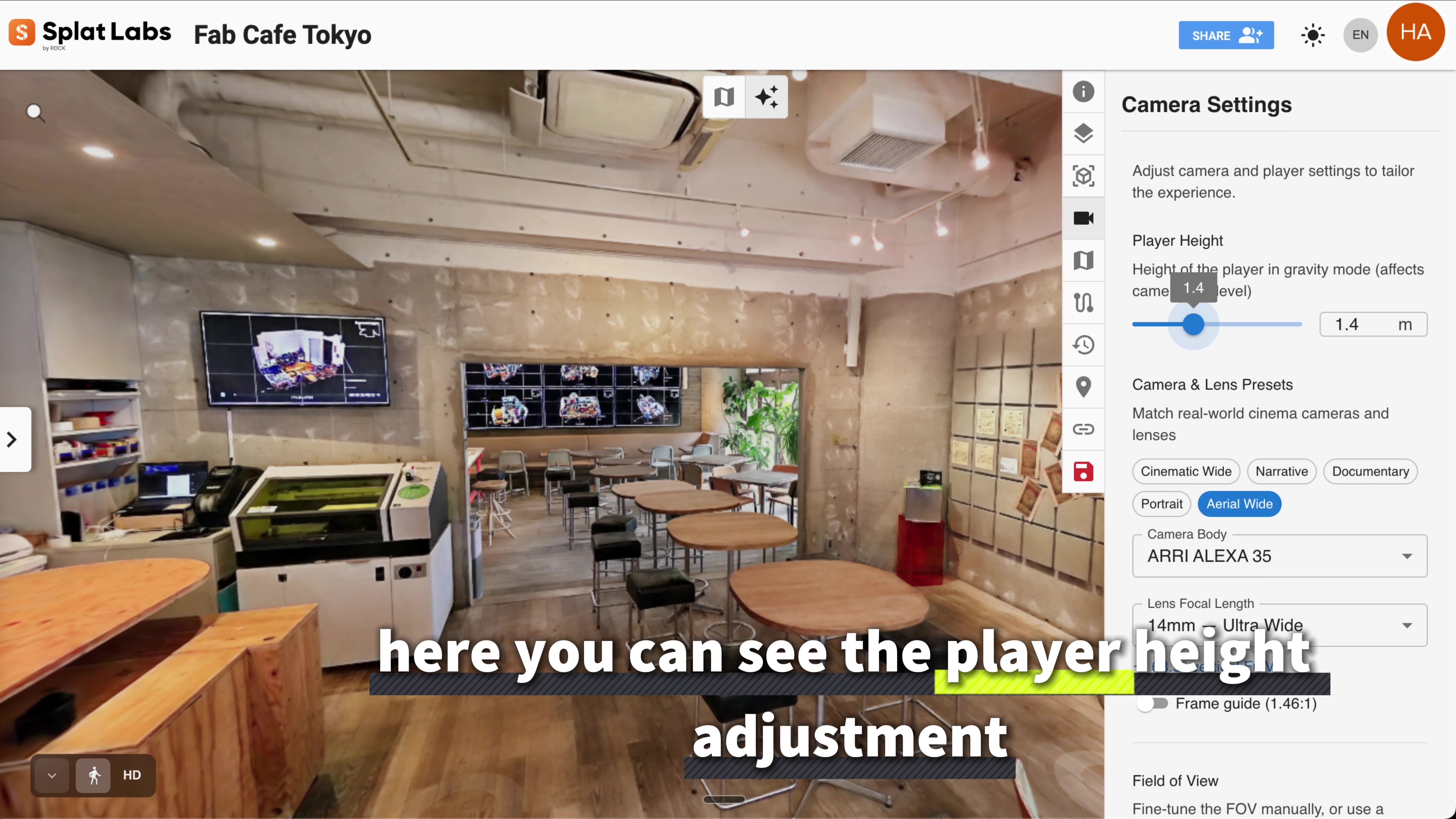 Player Height slider in the Camera Settings panel