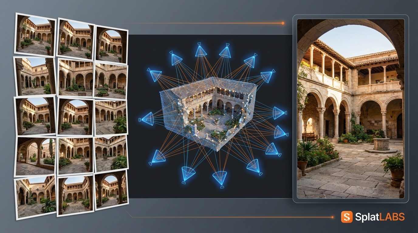 Structure-from-Motion 파이프라인: 사진 입력, 카메라 포즈 계산, Gaussian Splat 출력