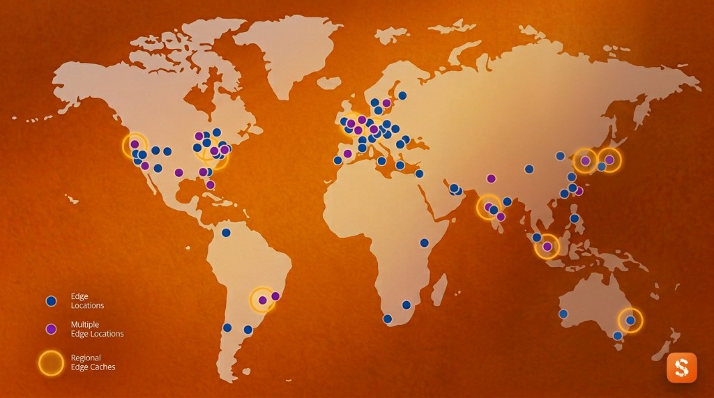 AWS global edge locations and regional edge caches — showing worldwide coverage across all inhabited continents