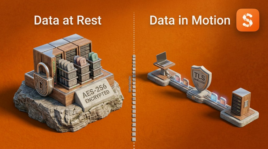 Data at Rest vs Data in Motion — AES-256 encryption for stored data, TLS encryption for data in transit