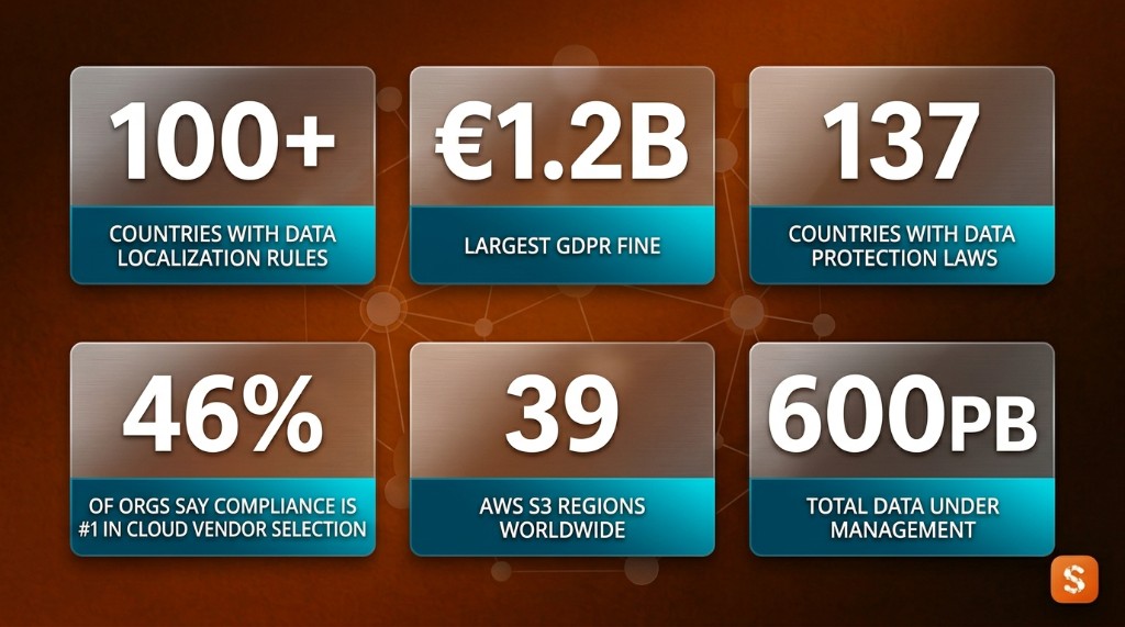 Data sovereignty statistics — 100+ countries with localization rules, €1.2B largest GDPR fine, 137 countries with data protection laws, 46% of orgs say compliance is number one in cloud vendor selection, 39 AWS S3 regions, 600PB total data under management