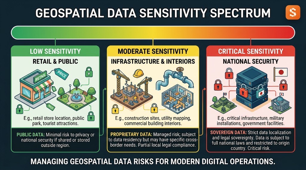 Geospatial Data Sensitivity Spectrum — from low sensitivity retail and public data, through moderate sensitivity infrastructure and interiors, to critical sensitivity national security data