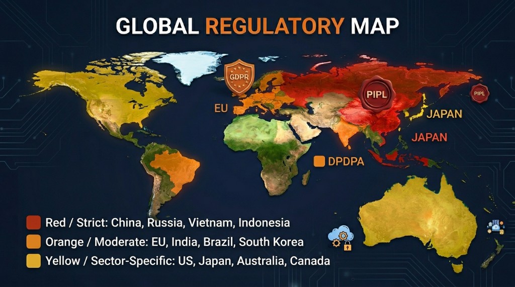 Global Regulatory Map — strict data localization in red for China, Russia, Vietnam, Indonesia; moderate rules in orange for EU, India, Brazil, South Korea; sector-specific rules in yellow for US, Japan, Australia, Canada