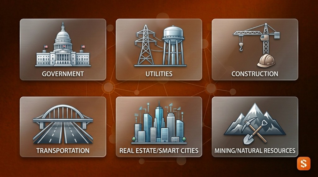 Industries where geospatial data sovereignty is critical — Government, Utilities, Construction, Transportation, Real Estate and Smart Cities, Mining and Natural Resources