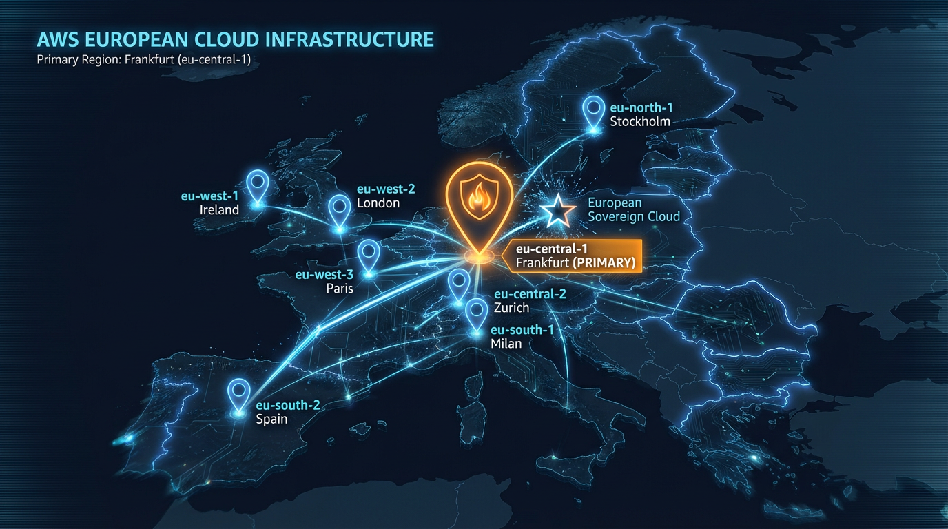 AWS European Cloud Infrastructure — Primary Region Frankfurt eu-central-1 with regions across Ireland, London, Paris, Stockholm, Milan, Spain, Zurich, and the European Sovereign Cloud