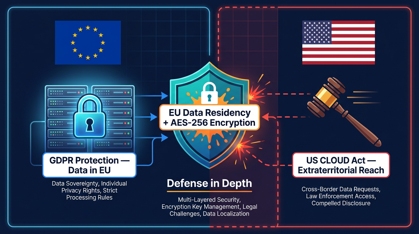 CLOUD Act vs GDPR — EU Data Residency and AES-256 Encryption provide defense in depth against extraterritorial reach