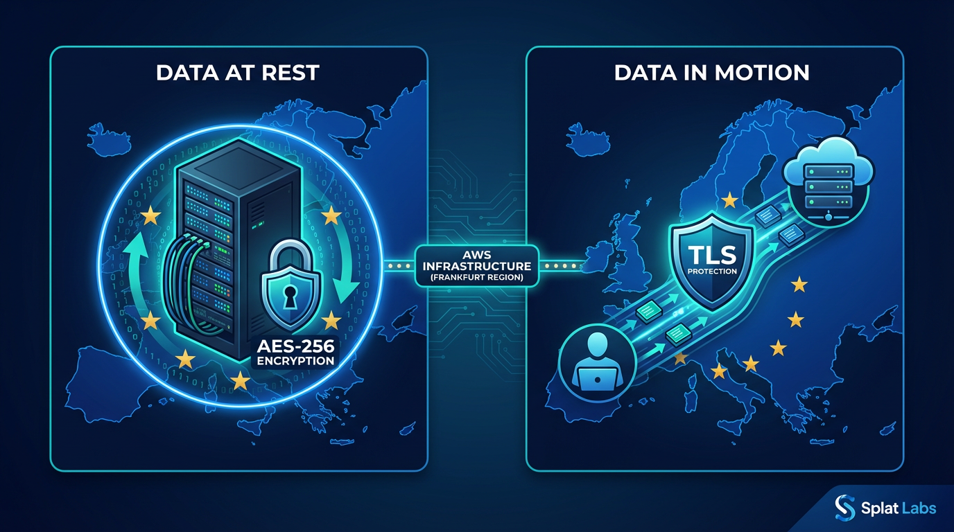 Data at Rest and Data in Motion — AES-256 encryption for stored data, TLS protection for data in transit, all within AWS Frankfurt EU infrastructure