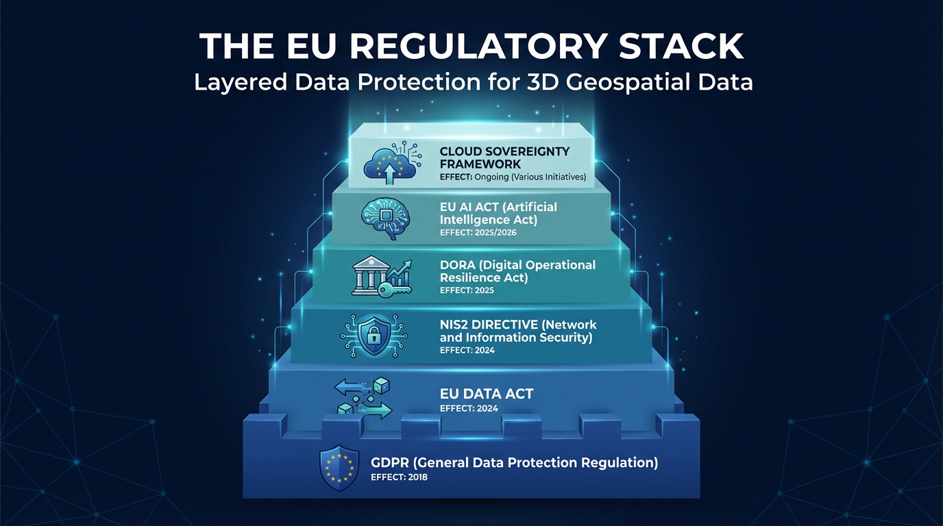 The EU Regulatory Stack — Layered Data Protection for 3D Geospatial Data: GDPR, EU Data Act, NIS2, DORA, EU AI Act, Cloud Sovereignty Framework