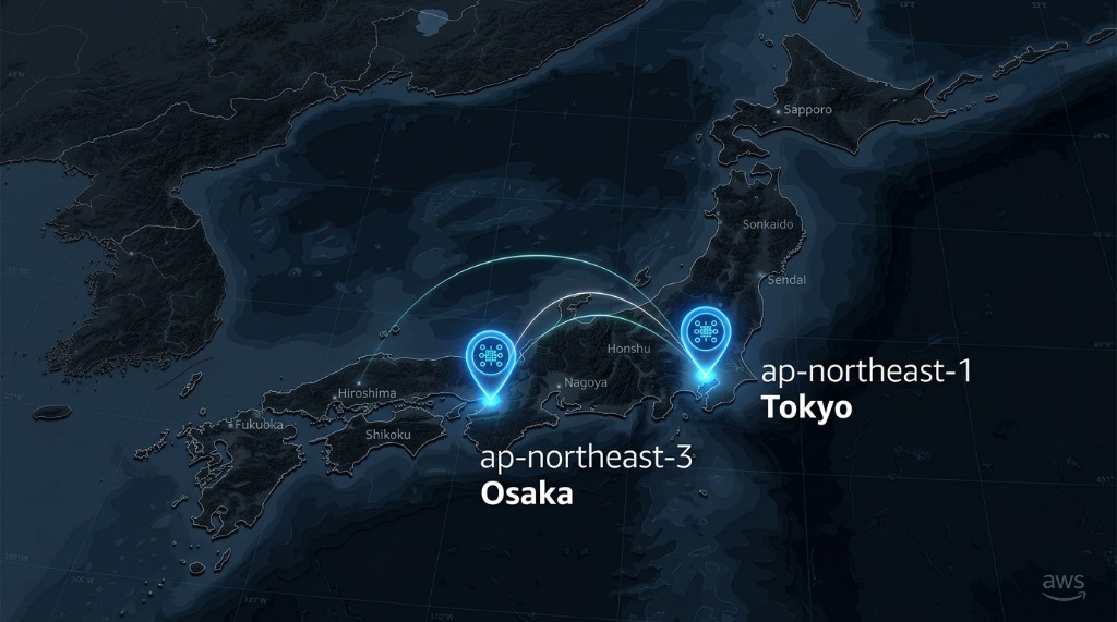 AWS Tokyo and Osaka regions — ap-northeast-1 and ap-northeast-3 with geographic separation for disaster recovery