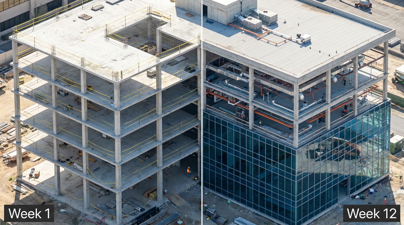Before and after comparison of construction site progress using Gaussian splat 4D timeline visualization showing building development from week 1 to week 12