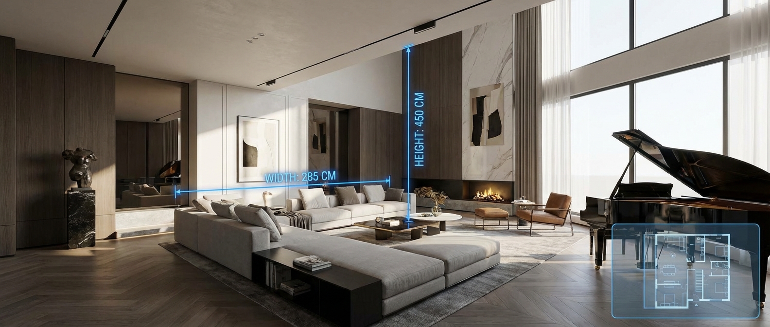 Photorealistic Gaussian splat interior walkthrough of modern living room with furniture for real estate virtual tour marketing