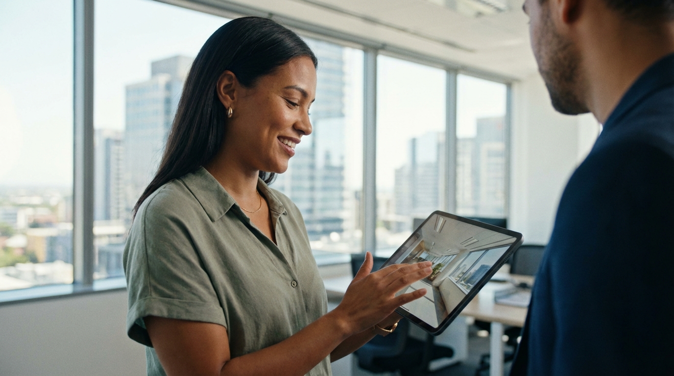 Professional using tablet to explore interactive 3D Gaussian splat visualization with real-time navigation and photorealistic rendering