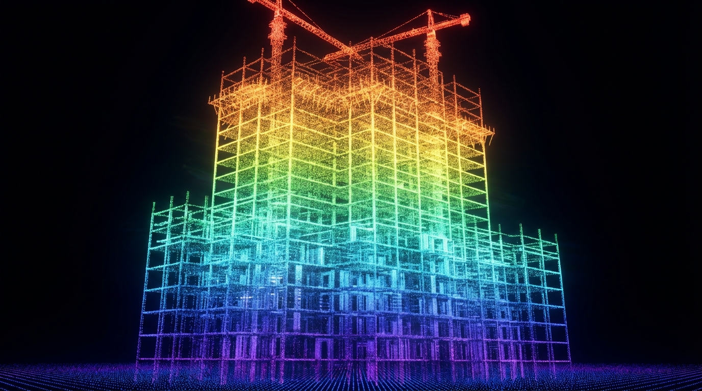 LiDAR point cloud scan of construction site showing millions of discrete colored data points in three-dimensional space