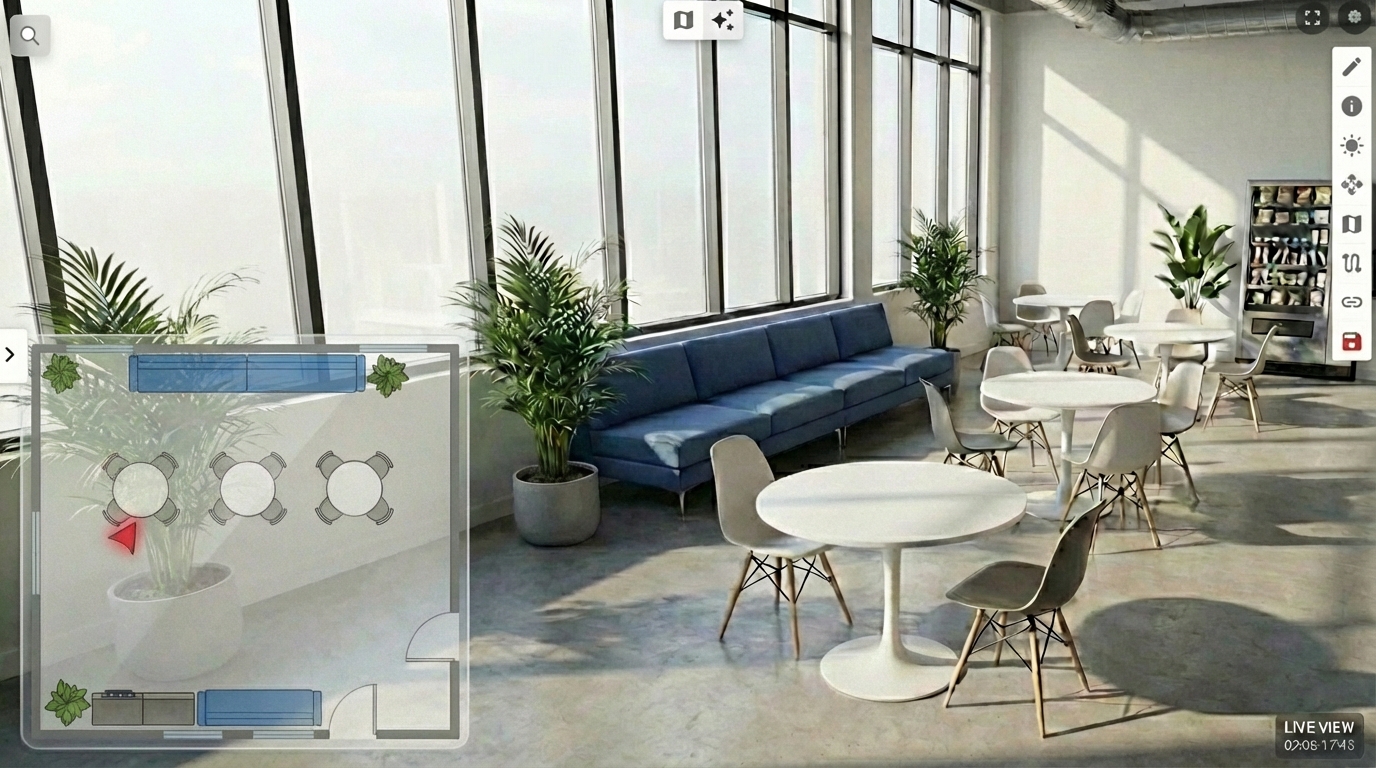 SplatLabs AI floor plan generator interface showing interactive 2D mini-map overlay with 3D Gaussian Splat office visualization