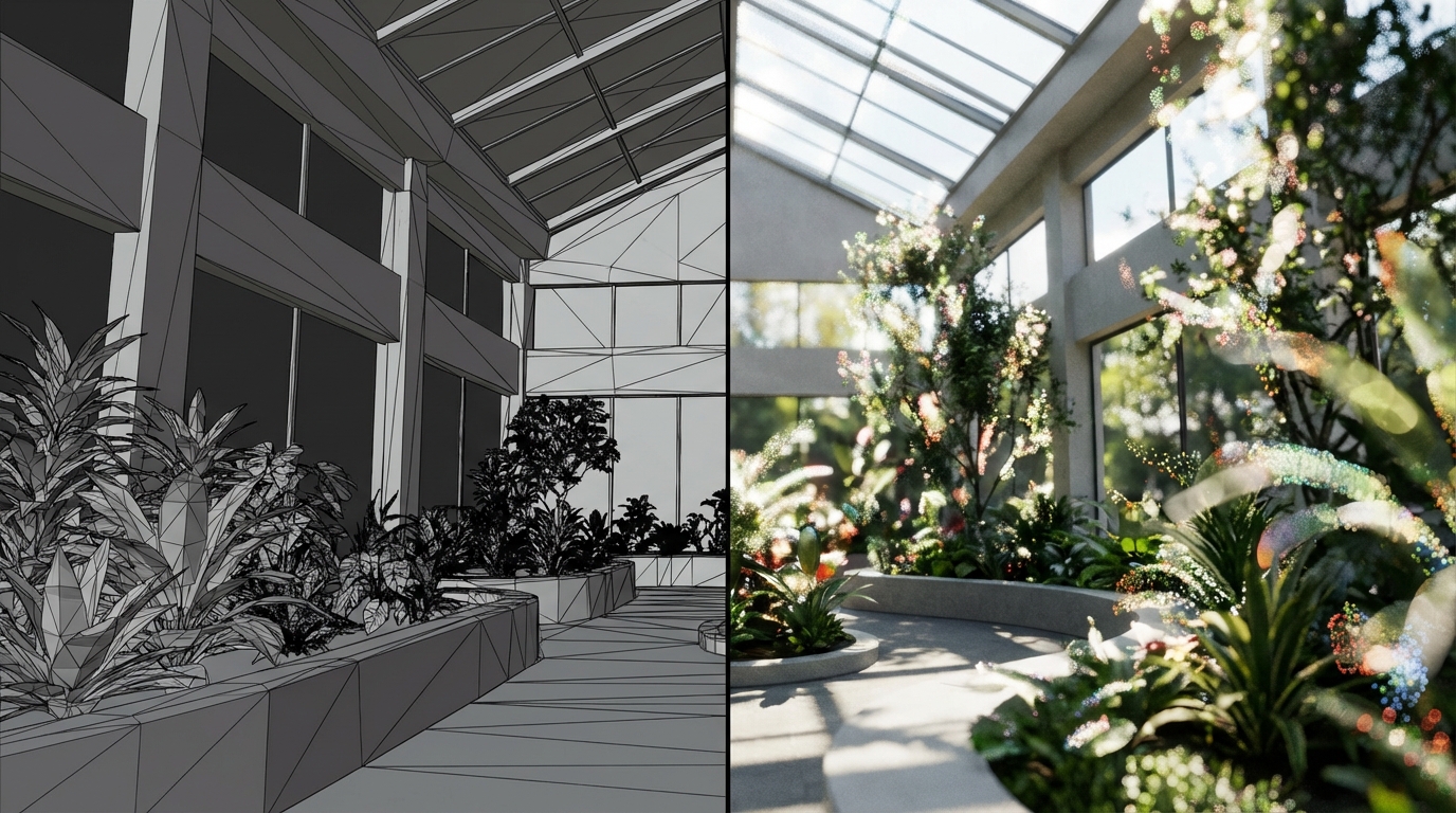 Side-by-side comparison of traditional polygon wireframe 3D model versus photorealistic Gaussian Splat rendering of indoor garden with lush greenery