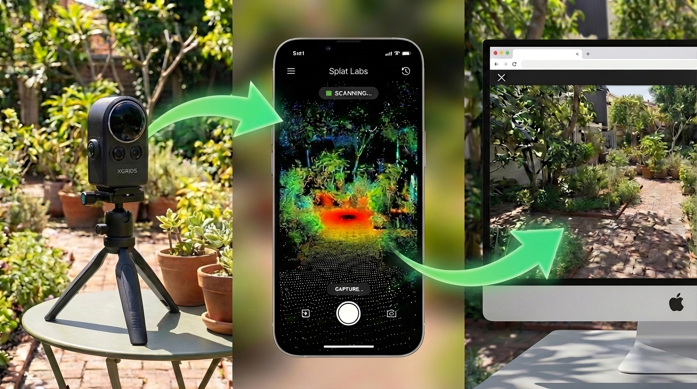 Three-step PortalCam workflow showing device setup, real-time capture monitoring via smartphone app, and final 3D Gaussian Splat viewing in SplatLabs platform