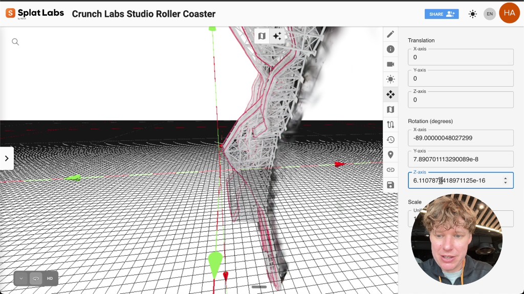 The Splat Transform panel with translate, rotate, and scale controls
