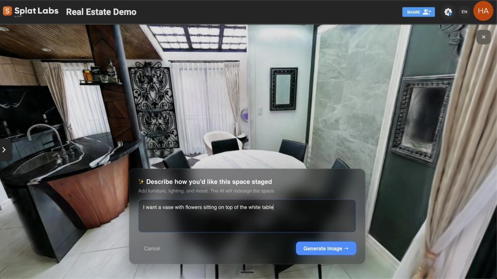 AI image generator modal with a text prompt for staging the dining area