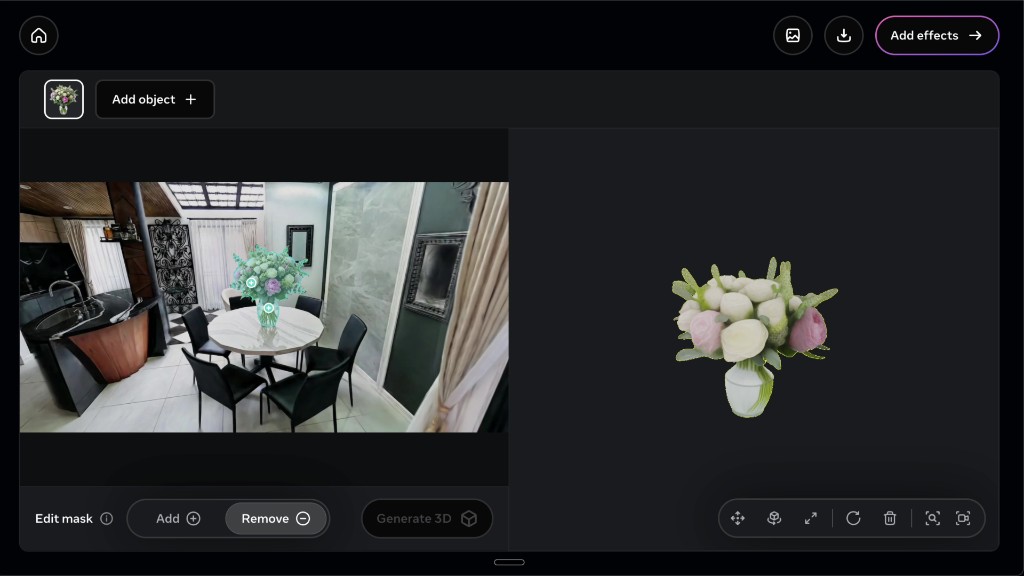 Meta tool: masked vase on the left, generated 3D preview on the right