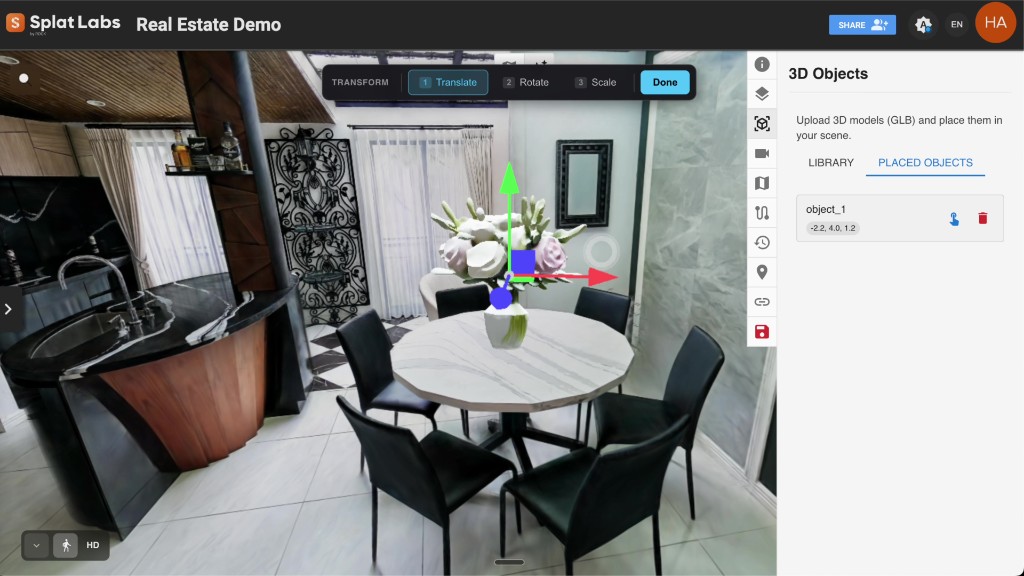 3D Objects panel with Placed Objects selected and transform gizmo on the vase