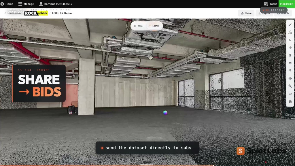 Splat Labs cloud viewer showing the Lixel K2 dataset of a commercial buildout floor with exposed ductwork and concrete slab, plus an overlay reading "SHARE → BIDS" and "send the dataset directly to subs" — demonstrating one-link sharing of LiDAR and Gaussian splat data with subcontractors