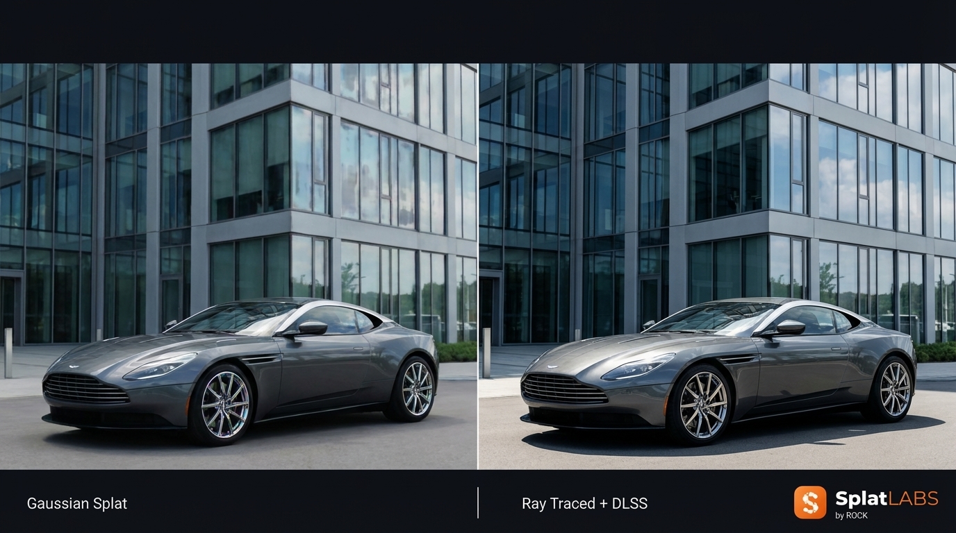 Split view comparing Gaussian Splat render and photorealistic ray-traced render of a car and building
