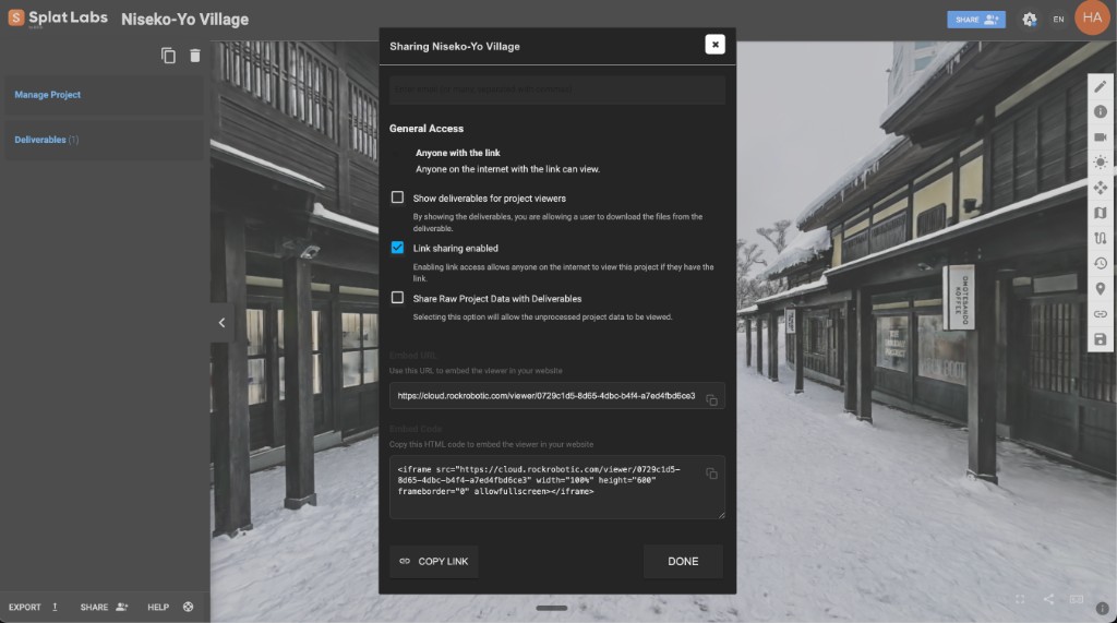 Splat Labs embed code dialog showing the Embed URL and ready-to-copy HTML iframe code
