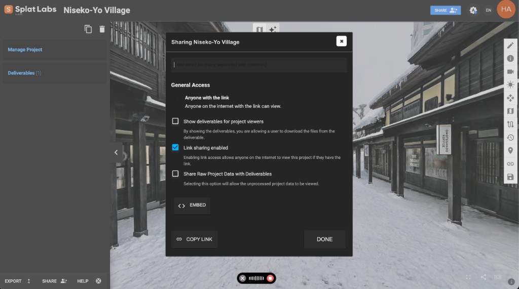 Splat Labs sharing dialog with the EMBED button — click to reveal the iframe code