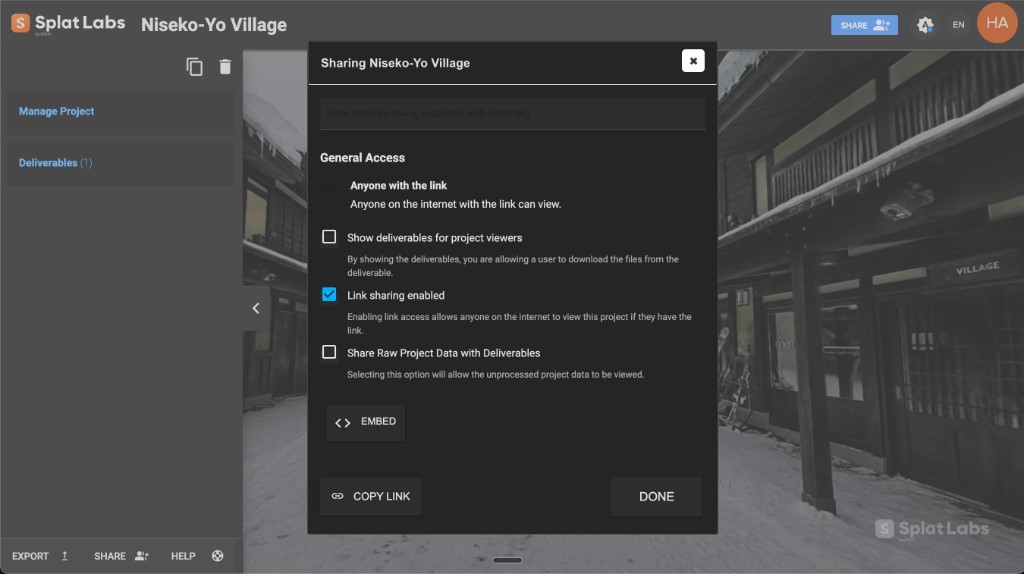 Splat Labs sharing dialog with email sharing, link sharing, deliverable controls, and embed options