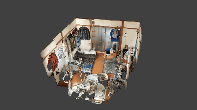 Room scan animation showing a 3D captured Tokyo apartment