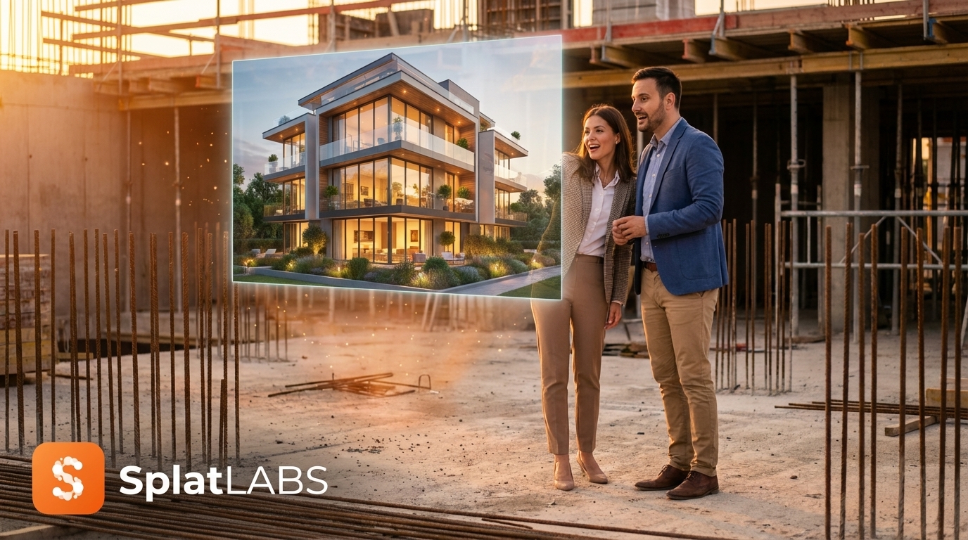 Couple standing on a construction site, viewing a photorealistic holographic projection of the finished apartment building