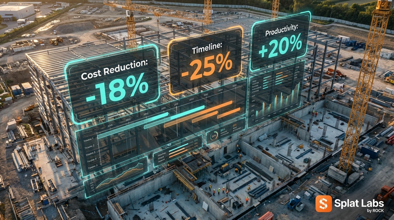 Aerial view of construction site with holographic digital overlays showing cost reduction, faster timelines, and productivity gains