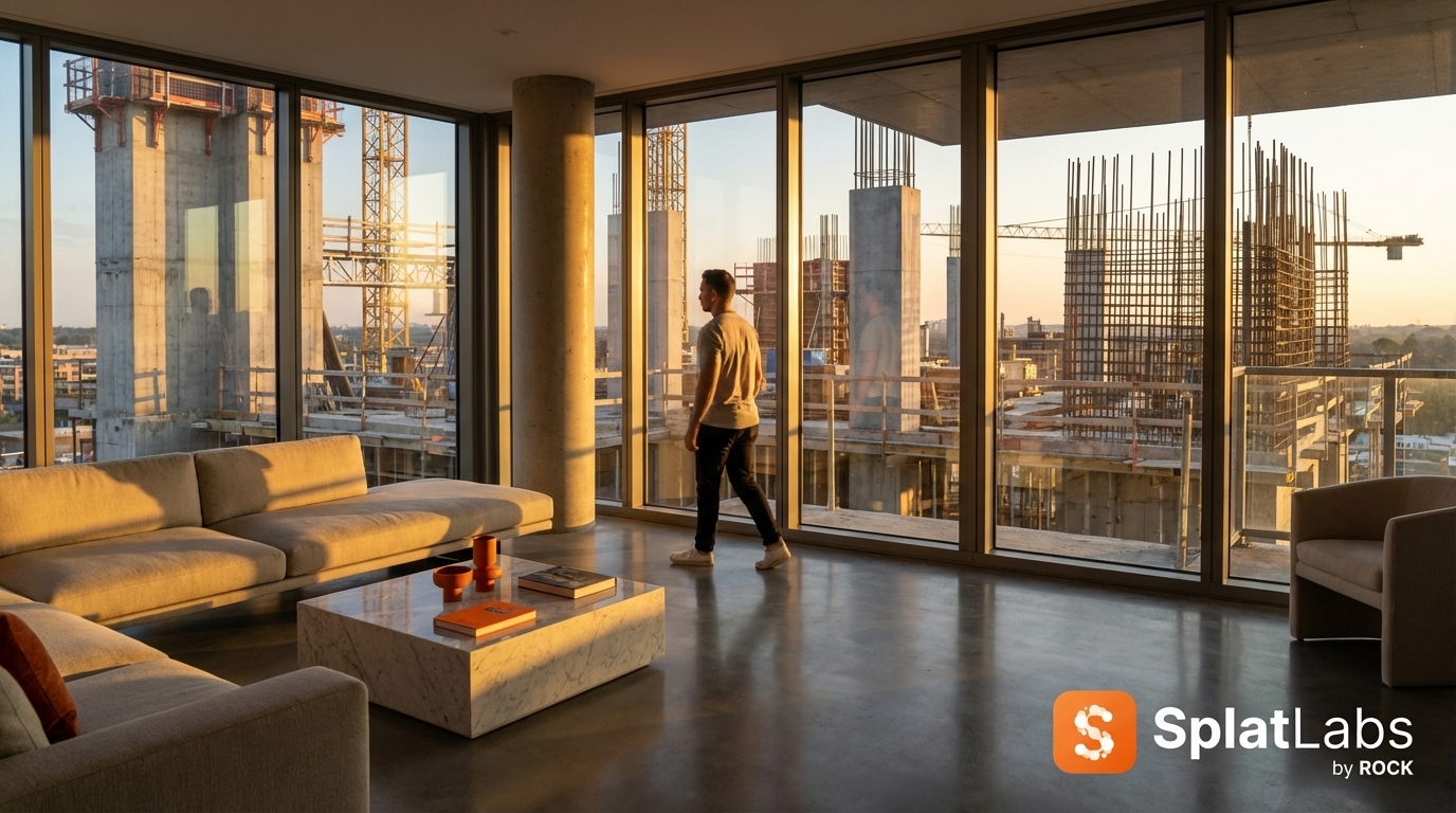 First-person walkthrough inside a finished modern apartment building, with construction cranes and scaffolding visible through the floor-to-ceiling windows