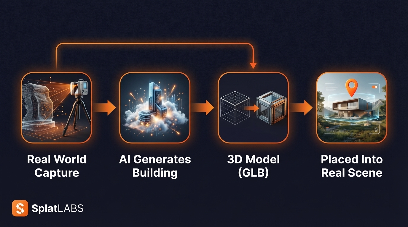 Workflow pipeline: Real World Capture → AI Generates Building → 3D Model (GLB) → Placed Into Real Scene