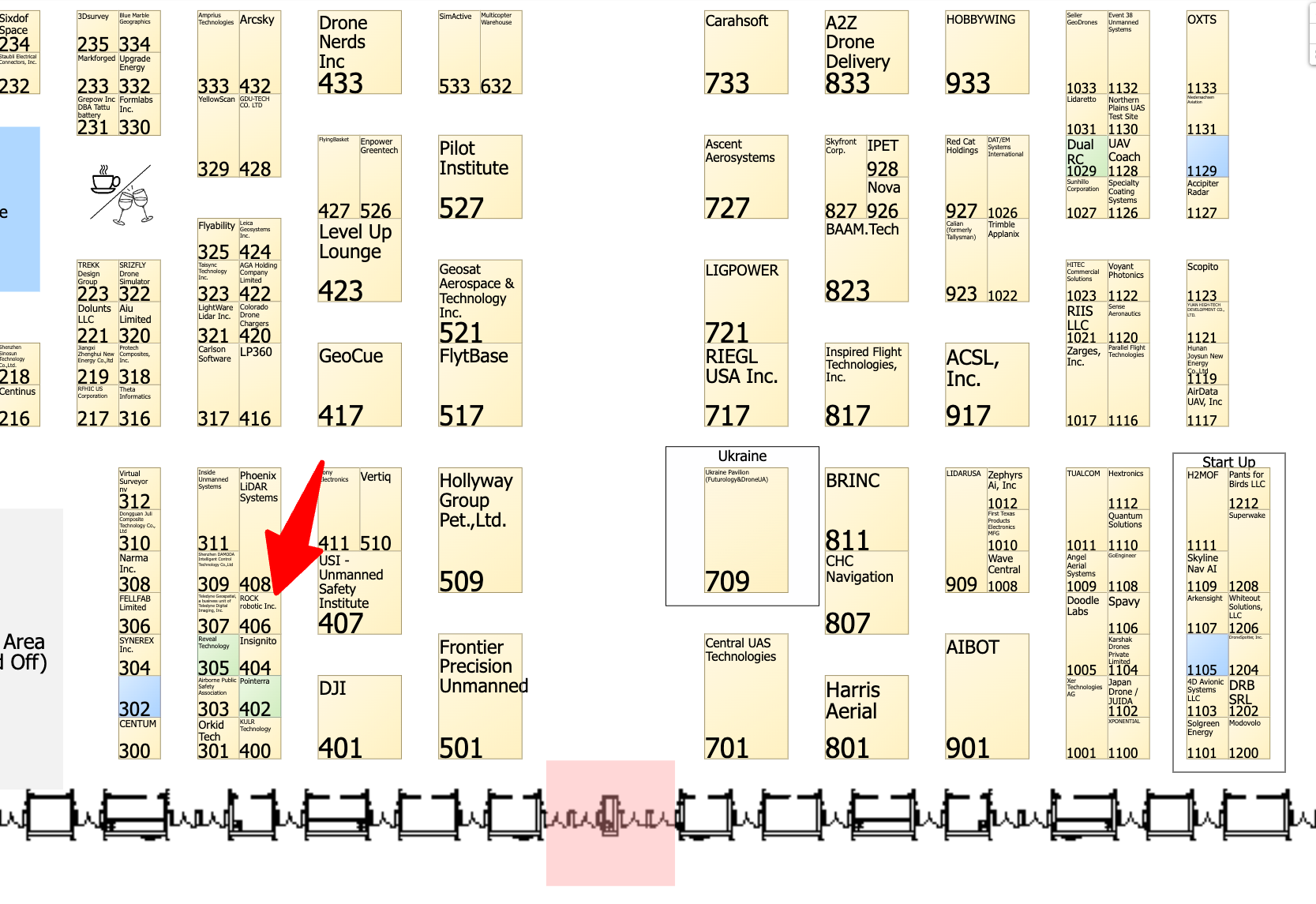 Commercial UAV Expo Hall Map showing ROCK Robotic at booth 406