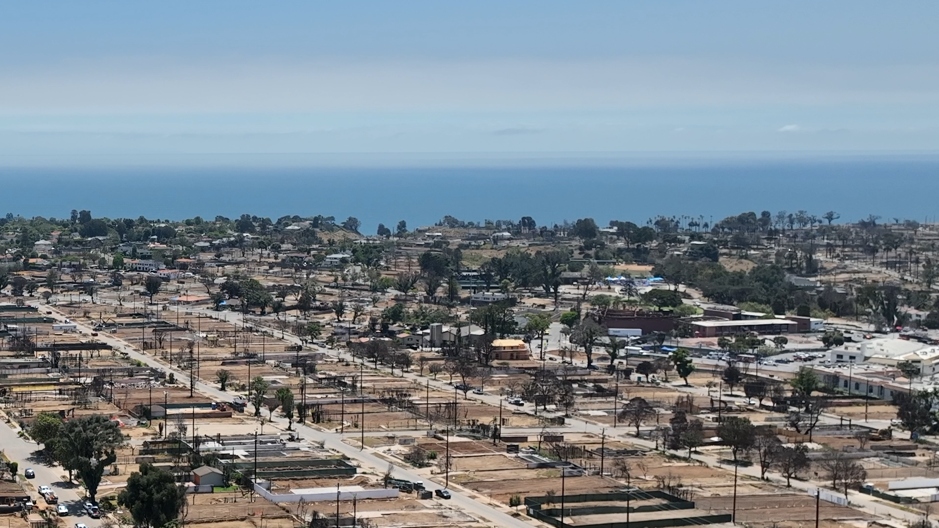 Aerial landscape view of Palisades Fire burn area